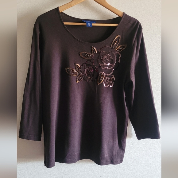 Karen Scott bead and sequin embellished fall top Women's XL brown - Picture 1 of 7
